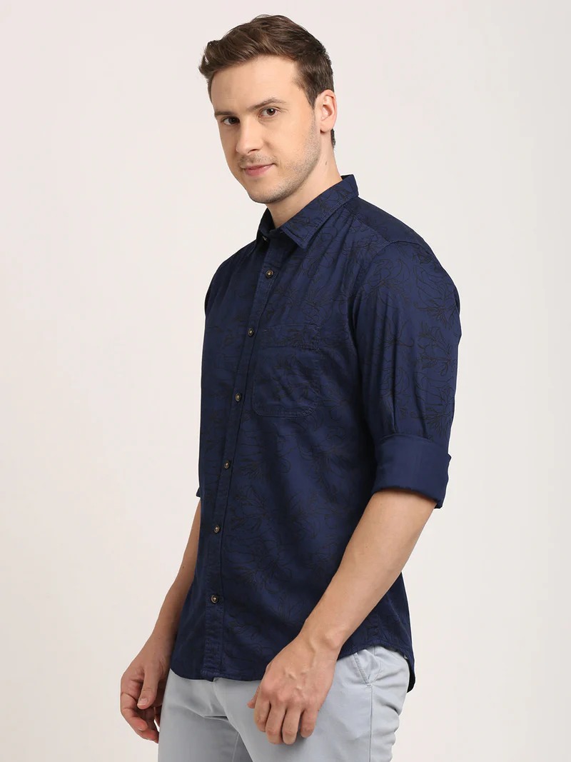 Indian Terrain Men's Slim Fit Full Sleeve Printed Dark Blue Shirt
